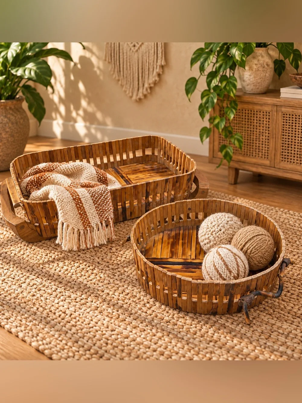 Vintage Gailstyn-Sutton Teak Wood Serving Basket Tray Set Thailand MCM Boho